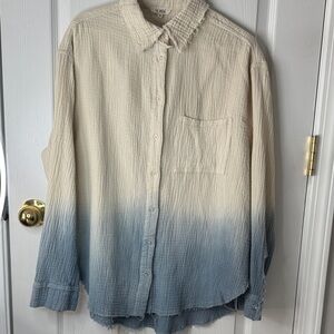 LA MIEL Long Sleeve Crinkle Gauze Shirt Top Two Toned Cream/Blue Raw Edges Small